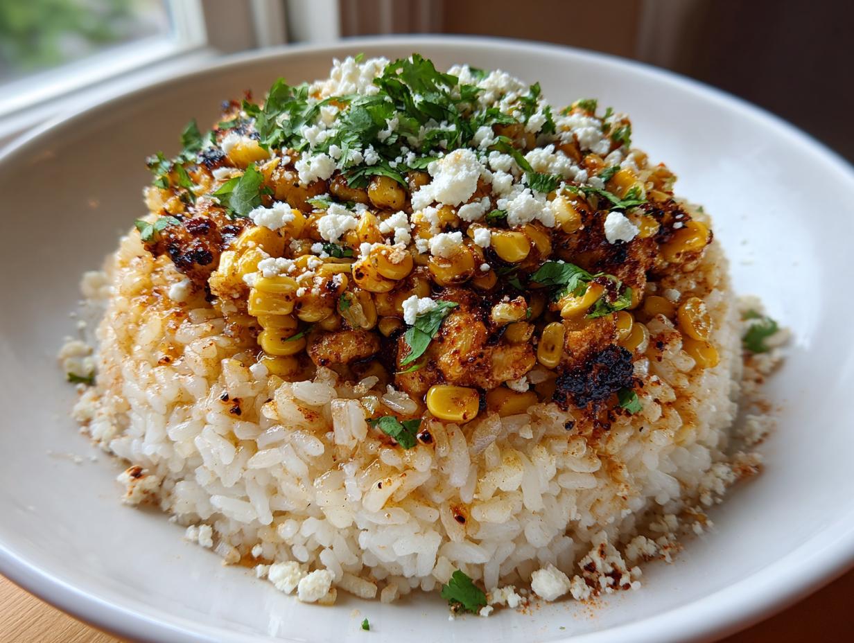 A close-up of a street corn chicken rice bowl featuring seasoned corn, crumbled white cheese, and cilantro over white rice.