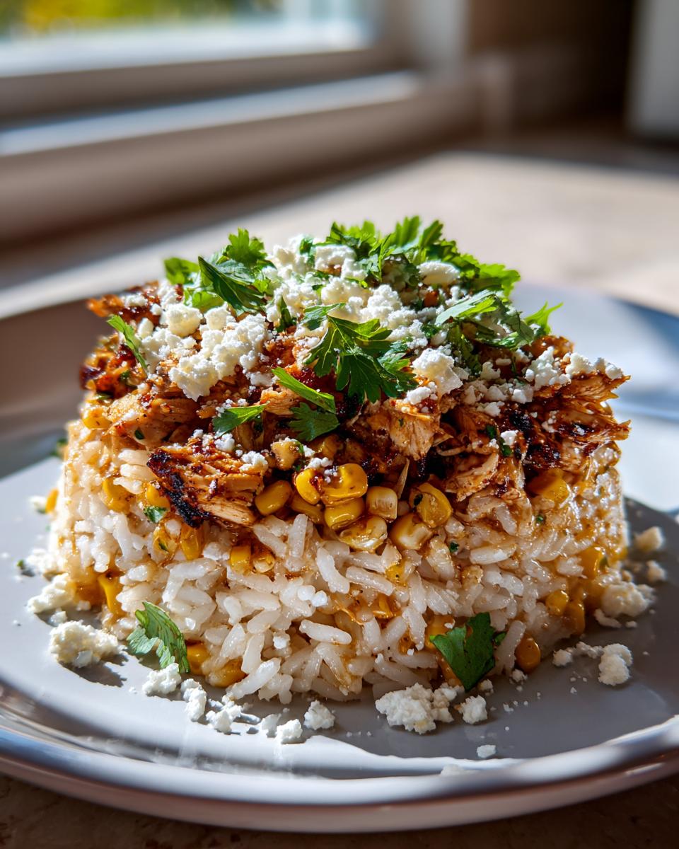 A perfectly molded street corn chicken rice bowl topped with crumbled white cheese and fresh cilantro.