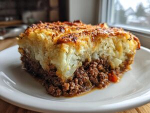 A thick slice of homemade cottage pie showing rich beef filling and a golden, crispy mashed potato topping.
