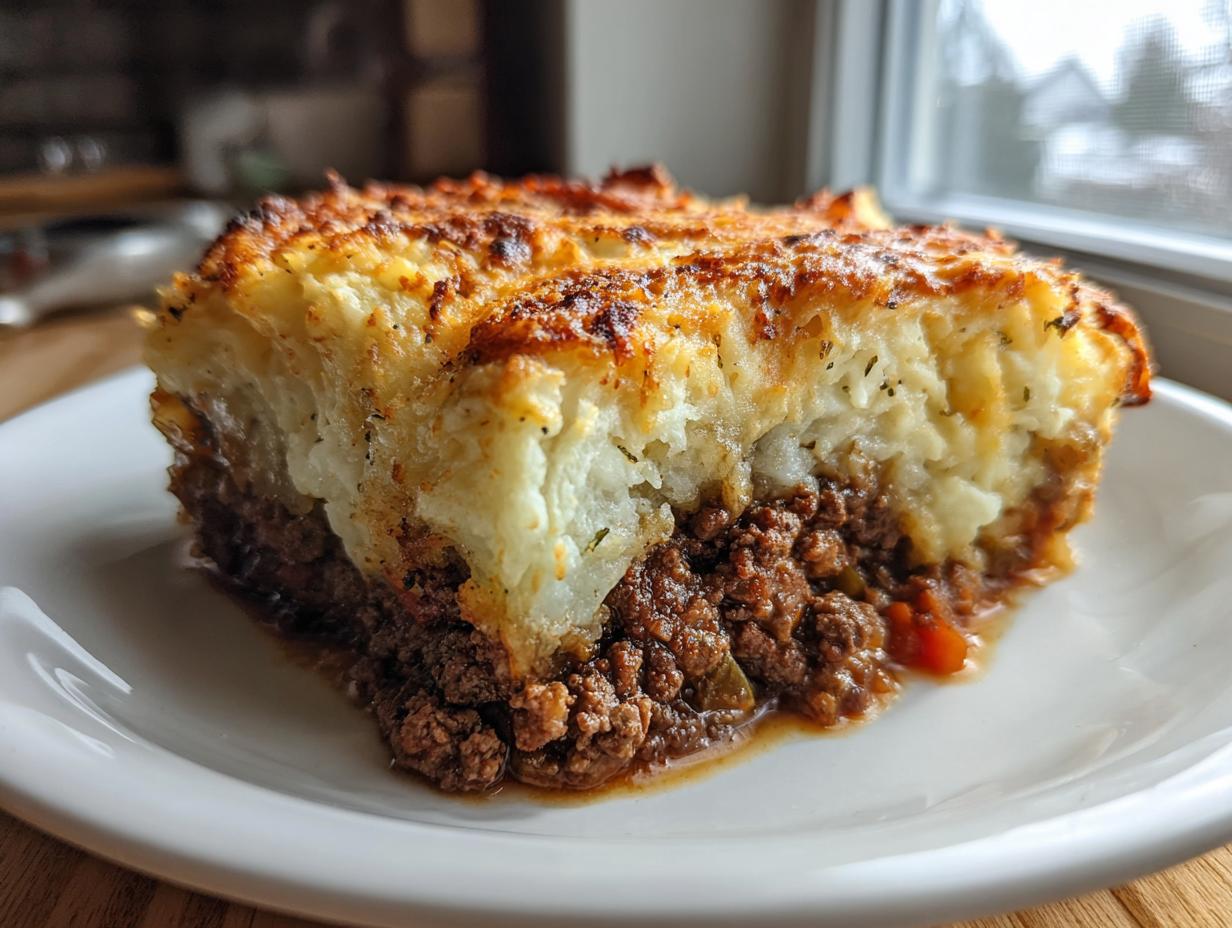 A thick slice of homemade cottage pie showing rich beef filling and a golden, crispy mashed potato topping.