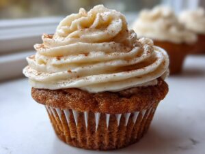 A close-up of a moist banana cupcakes topped with a swirl of cream cheese frosting and a dusting of cinnamon.