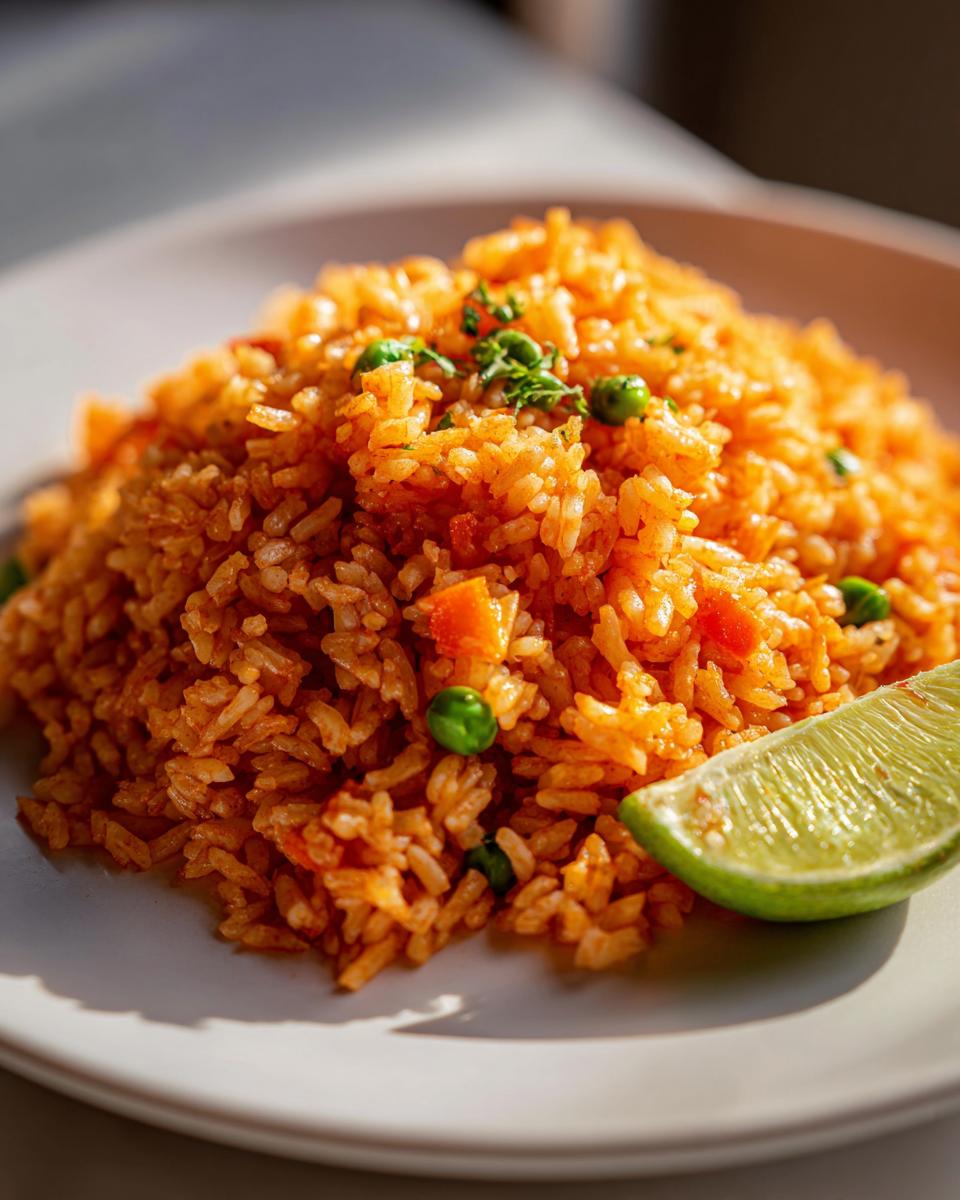 A close-up of vibrant orange Mexican rice, mixed with peas and carrots, served with a fresh lime wedge.